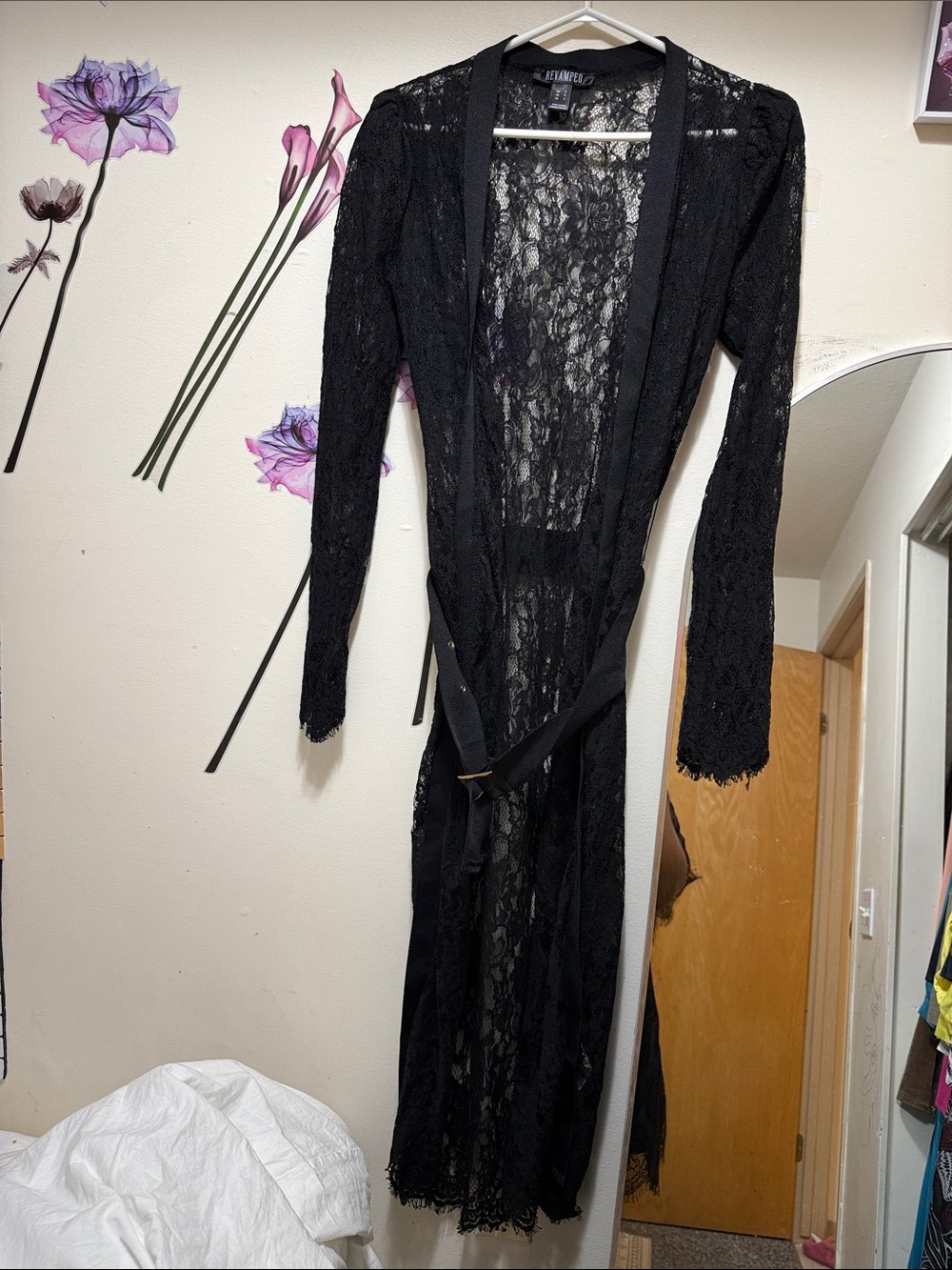LA Made Sheer Black Lace Long Robe with Tie